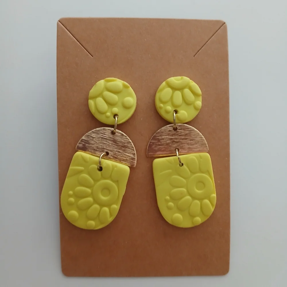 Fashion Jewelry Yellow Floral Textured Dangle Earrings - Picture 4 of 5